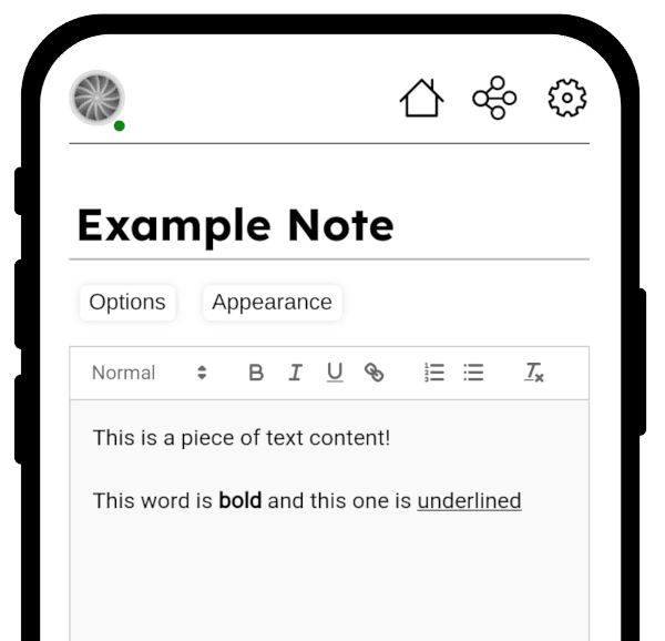 The view from inside the app, showing the note editor box.
